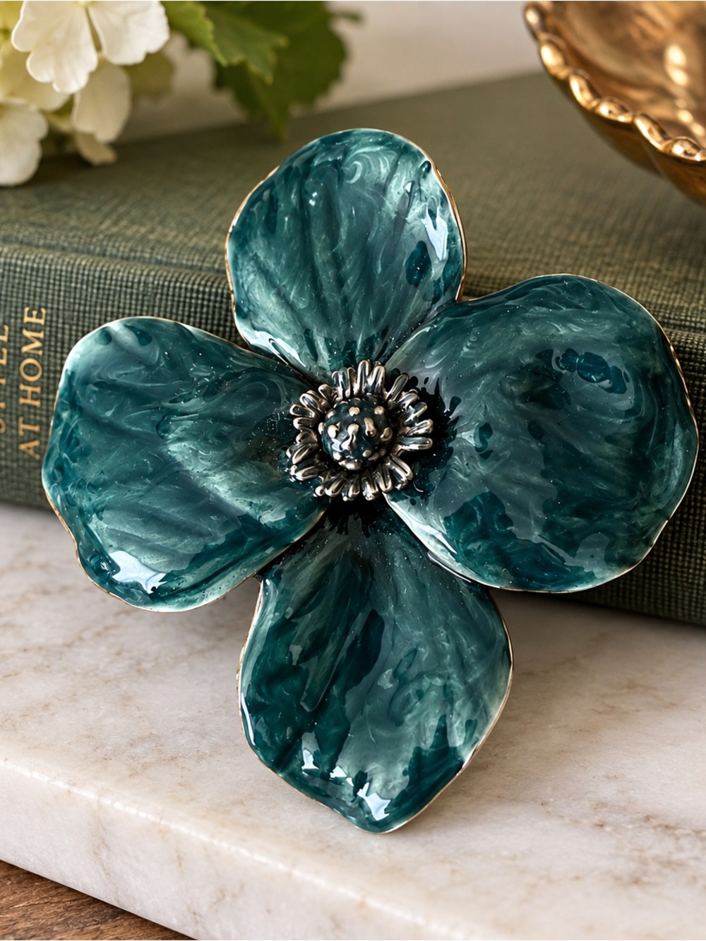 Vintage E Pearl Teal Green Marbled Enamel Statement Flower Brooch, 3.5”